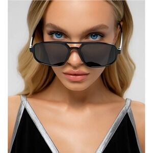 Dark‎ Black Lens Sunglasses Women's Oversized Full Rim Full Coverage Pilot Style